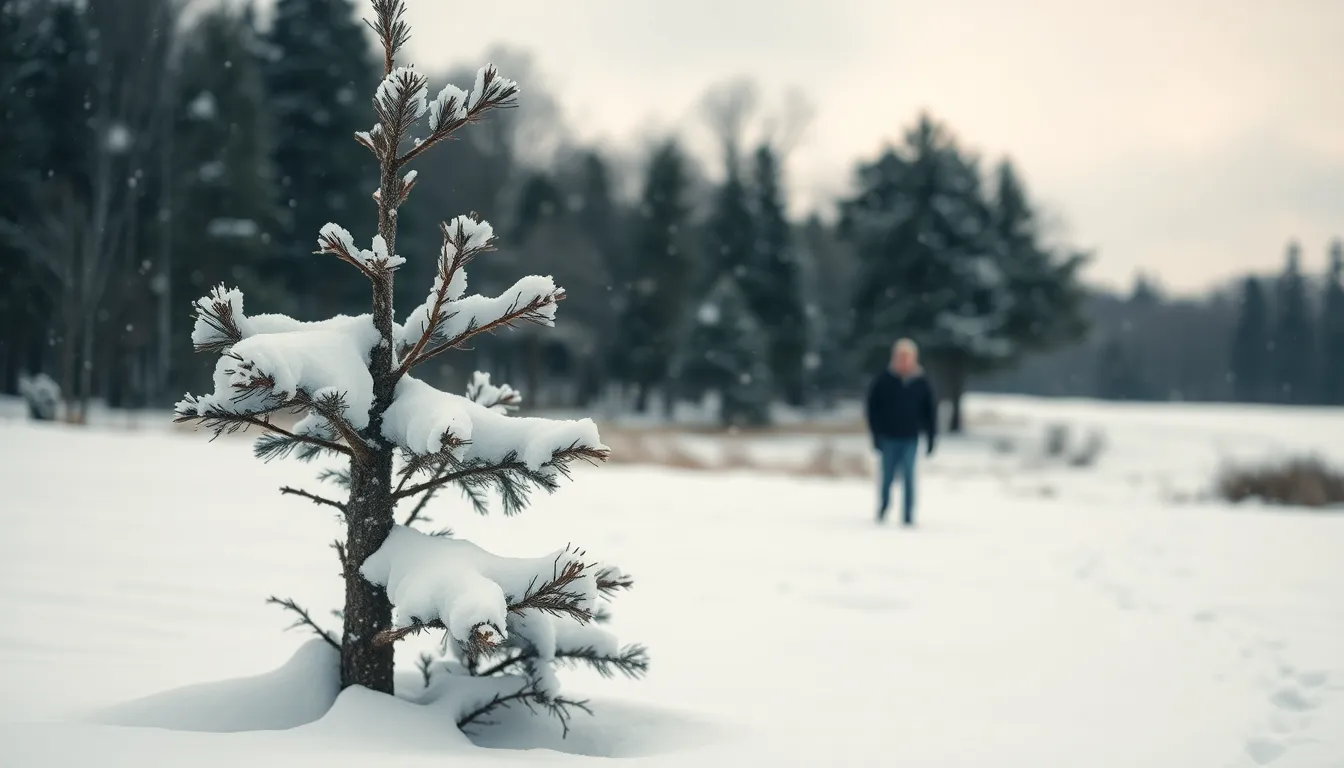 Lone Pine Tree in Winter Landscape A solitary snow-covered pine tree stands tall in a peaceful winter landscape. The soft, diffused daylight casts gentle shadows over the smooth, white snow blanket, creating a serene atmosphere. In the distance, a figure exhales visible breath, adding life to the tranquil scene. The muted earth tones and careful composition draw the viewer's eye, inviting them into the calm embrace of winter.