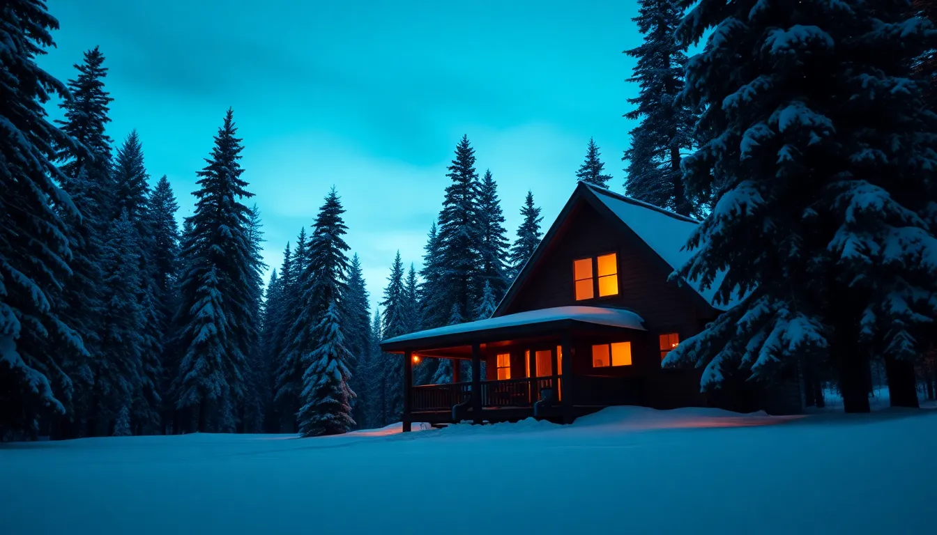 This inviting image captures a cozy cabin nestled in a snow-covered landscape during the golden hour. The warm light emanating from the windows contrasts with the cold blues of the surrounding snow, creating a sense of warmth and comfort. The inviting path lined with snow draws the viewer in, while sharp details reveal the texture of the snow and wood. This picturesque scene embodies the essence of winter tranquility.