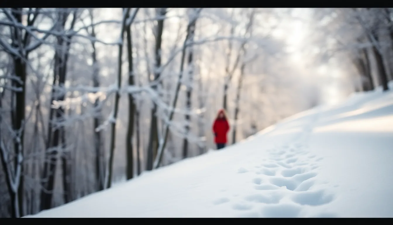 Lone Walker in a Snowy Forest This image depicts a solitary figure wearing a bright red coat walking through a tranquil snow-covered forest. The soft light filtering through the trees creates a serene atmosphere, highlighting the gentle curve of the snow drifts. The texture of the fresh snow glistens, while the background fades softly into creamy bokeh. This composition invites viewers to explore the peaceful beauty of winter landscapes.
