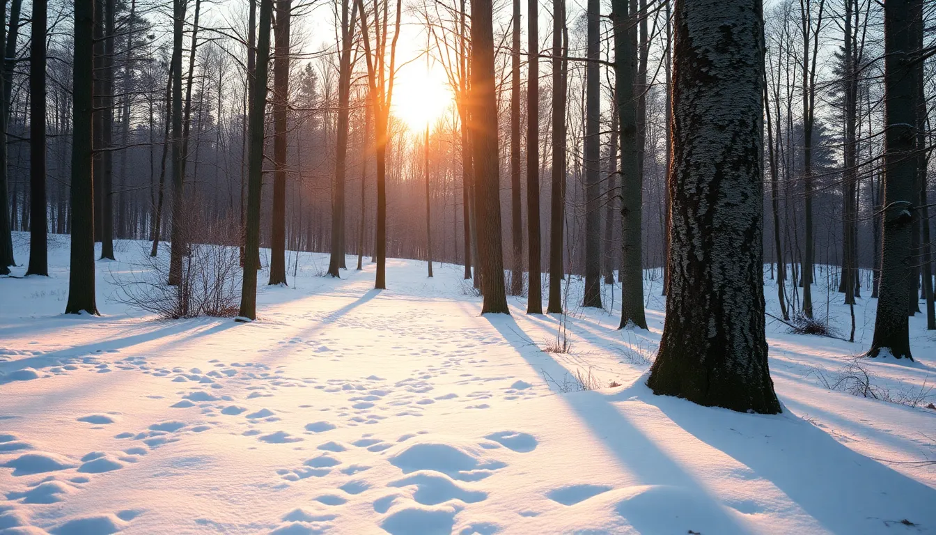Tranquil Winter Forest at Sunrise Experience the calm of a winter forest at sunrise, where soft golden light filters through the trees onto the snow-covered ground. The image captures sharp details from the textured snow to the intricate bark of the trees, creating an immersive atmosphere. Natural muted tones harmonize beautifully with the landscape, evoking a sense of peace and tranquility. This inviting scene is perfect for winter-themed projects and nature lovers.