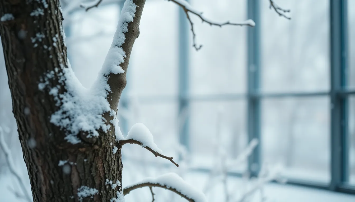 This peaceful image features a snow-covered tree surrounded by gently falling snowflakes. The soft, muted tones enhance the tranquil mood as the overcast light filters through. The tree's rough bark contrasts beautifully with the fluffy white snow, and the bokeh background adds depth to the scene. Ideal for nature-themed projects, this photograph captures the essence of a quiet winter day.