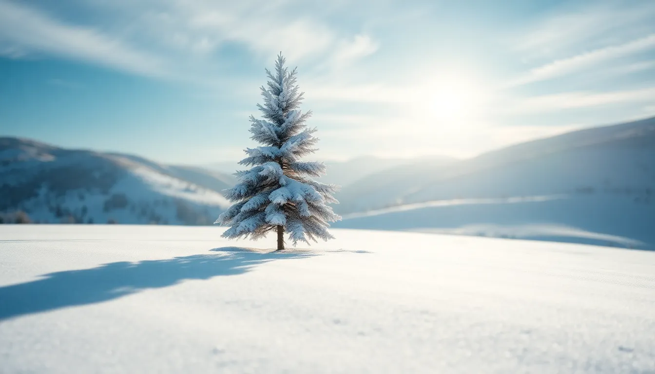 A serene winter scene of a solitary pine tree blanketed in fresh snow, set against gentle rolling hills under a vibrant blue sky. The soft, diffused daylight highlights the delicate texture of the snow, creating a peaceful atmosphere. With a shallow depth of field, the focus is on the tree while the background melts into a smooth blur of white. This image captures the tranquility and beauty of a snow-covered landscape.