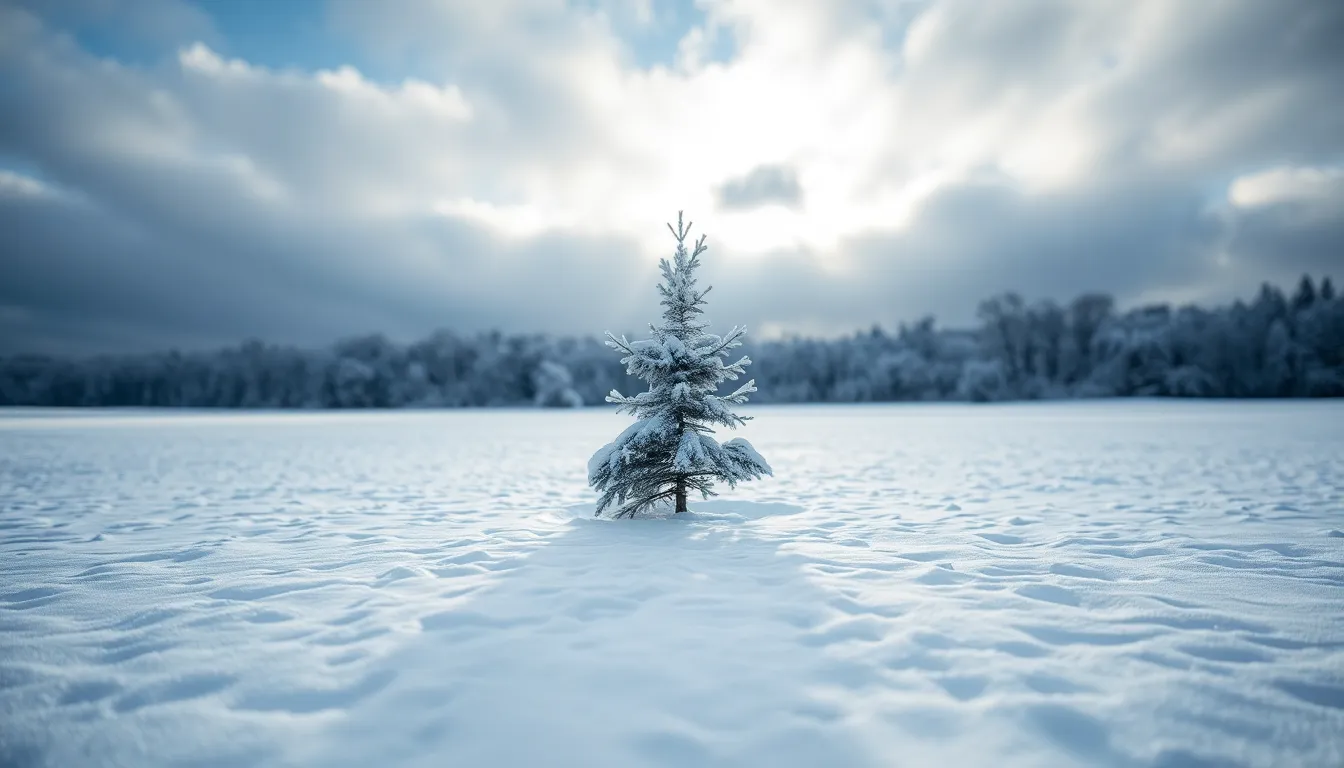 This image captures a peaceful winter wonderland featuring a solitary pine tree covered in freshly fallen snow. The cloudy sky adds a soft light that emphasizes the intricate textures of the snow, creating a serene atmosphere. The cool blue and white tones evoke tranquility, while the composition draws the viewer's eye toward the tree, beautifully isolated in the foreground against a dreamy, blurred background.