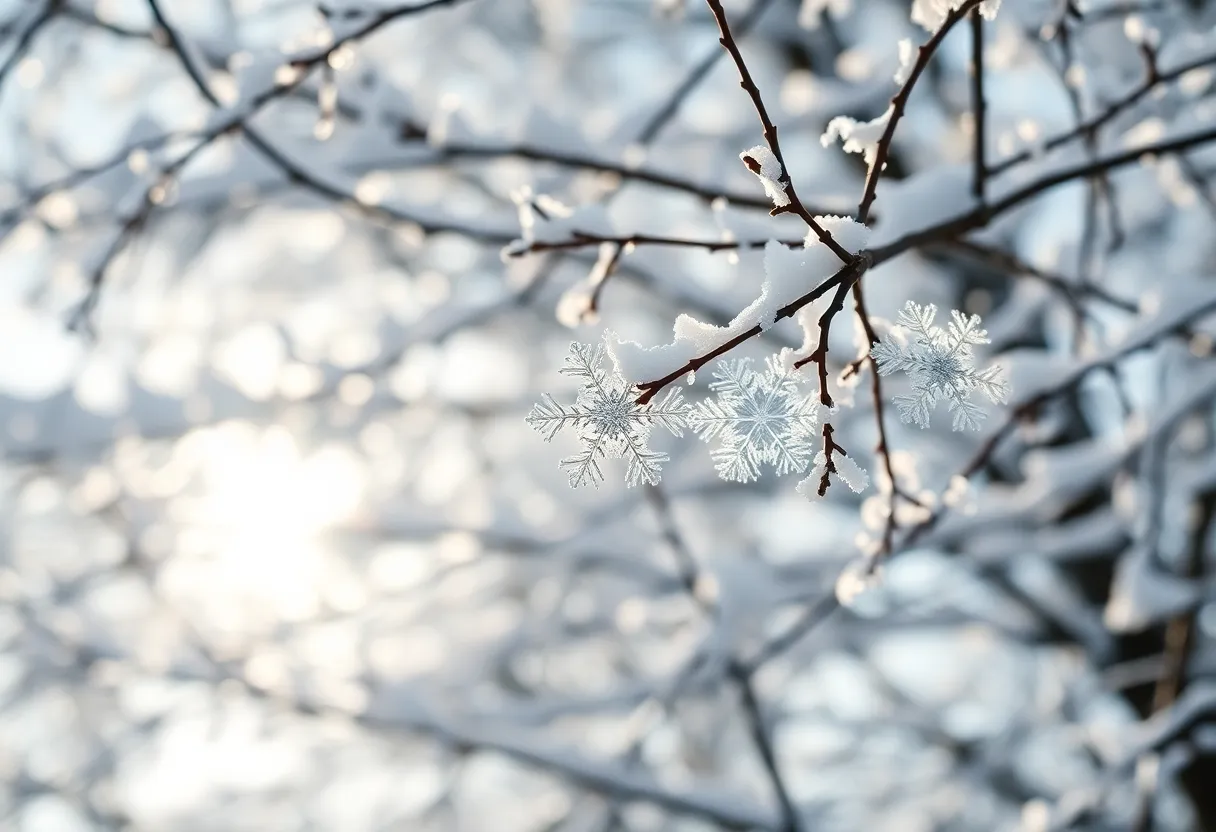 Delicate Snowflakes on Tree Branches An enchanting macro shot revealing intricate snowflakes resting on the branches of a snow-covered tree. Dappled sunlight filters through the canopy, creating a magical atmosphere. The vibrant contrast between the deep blues and bright whites highlights the beauty of winter. Leading lines draw the viewer's eye, focusing on the delicate textures of the snowflakes, framed beautifully against the creamy bokeh background.