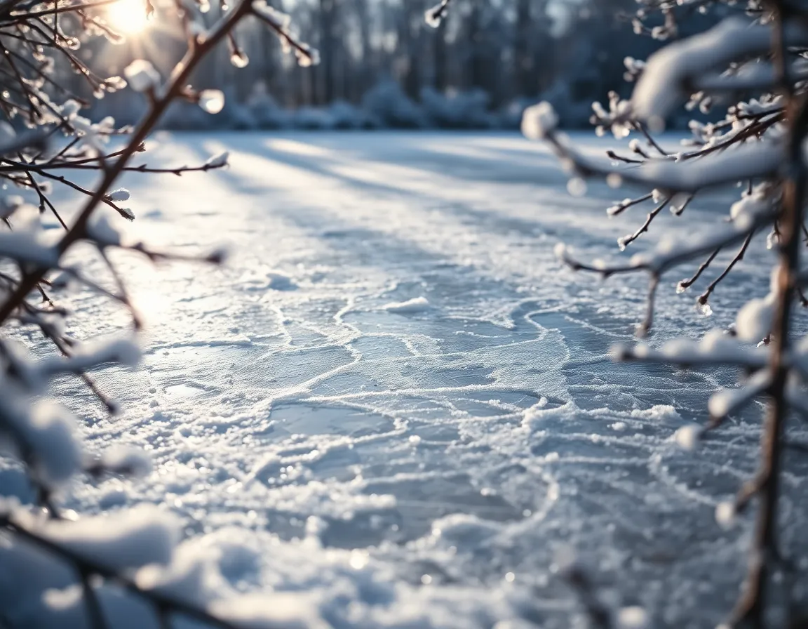 Frozen Pond in Winter Serenity This detailed image showcases a frozen pond surrounded by snow-covered vegetation, capturing the delicate frost patterns on the ice. Soft morning light enhances the textures and creates gentle shadows, while the surrounding snow-dusted branches frame the scene beautifully. The icy blues and whites convey a serene winter mood, inviting the viewer into this peaceful natural setting. This image exemplifies the tranquility of winter landscapes, making it perfect for nature-themed projects.