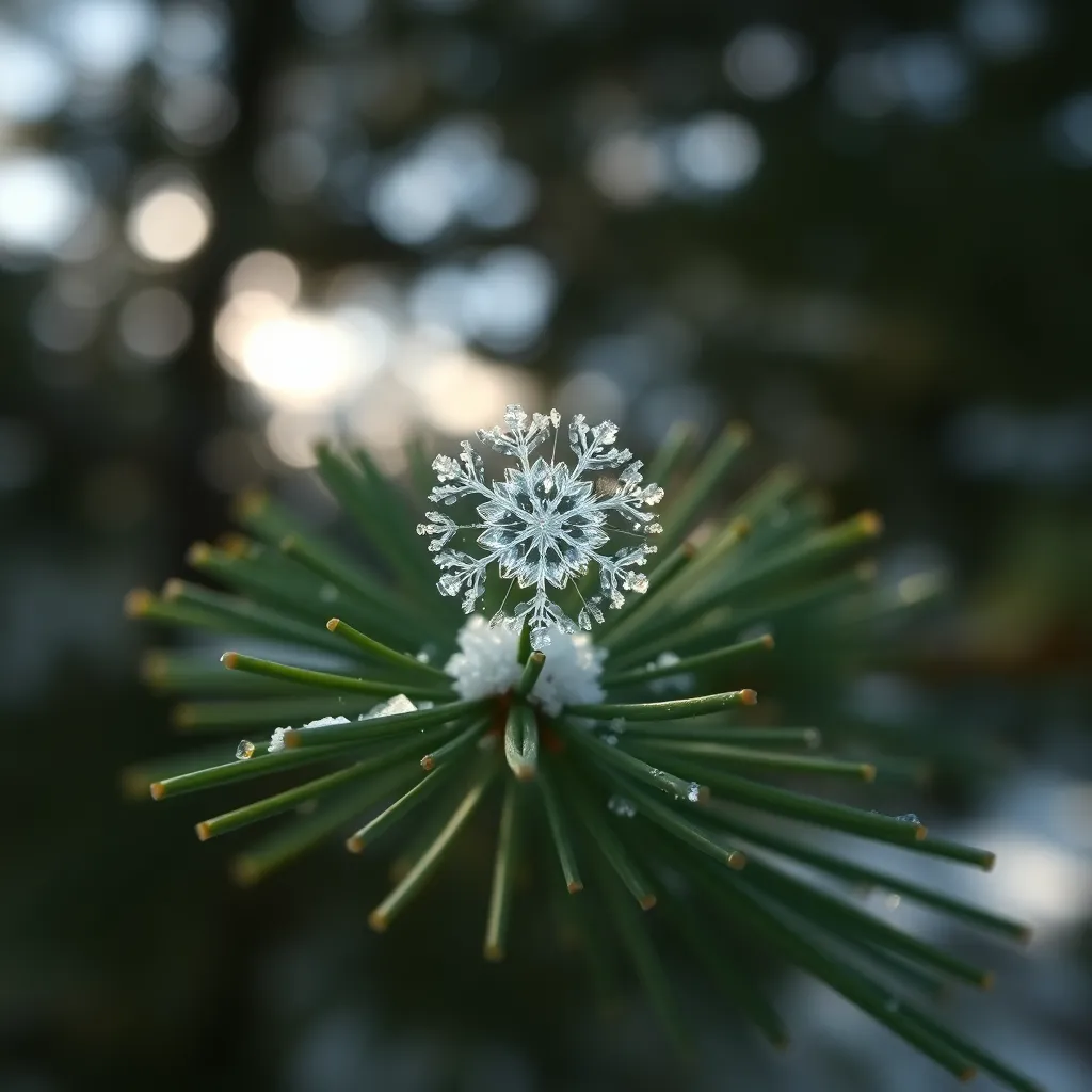Intricate Snowflake on Pine Needle This striking close-up captures an intricate snowflake delicately perched on a pine needle, showcasing the extraordinary beauty of winter's nature. Soft natural light filtering through the tree canopy highlights the snowflake's unique crystalline structure, while the background remains softly blurred. The muted earth tones enhance the tranquil mood and focus attention on the delicate details. A tight composition emphasizes the snowflake's texture against the rich green needle, evoking a sense of wonder and appreciation for the intricacies of winter.