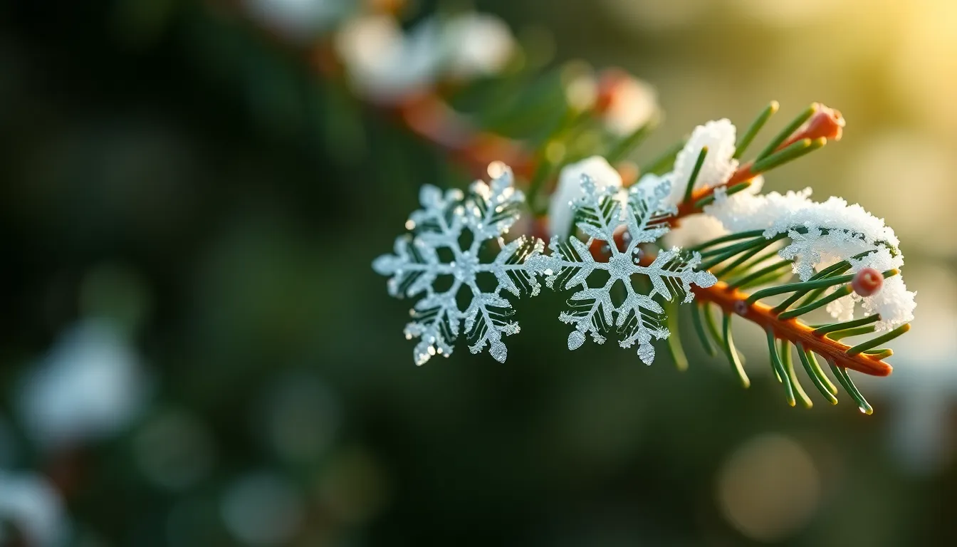 This stunning close-up image captures the beauty of snowflakes resting on the needles of an evergreen branch. Illuminated by soft daylight, the intricate details of the snowflakes are beautifully highlighted, creating a mesmerizing scene. The delicate textures contrast with the lush green of the pine, presenting a fresh winter aesthetic. Ideal for nature and macro photography enthusiasts, this image showcases the elegance of winter’s frost.