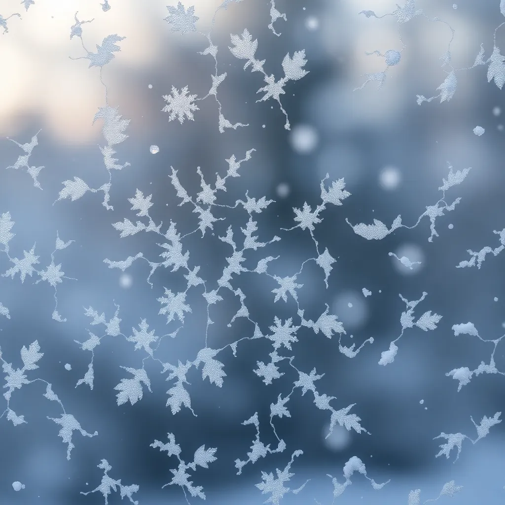 Intricate Frost Patterns on a Windowpane Exquisite frost patterns adorn a windowpane, captured in detail during a snowy morning. Soft daylight highlights the delicate ice crystals, revealing intricate designs that form a natural artwork. Outside, snowflakes fall gently, creating a soft blur that enhances the tranquility of the scene. The centered composition draws attention to the enchanting beauty of winter frost, inviting viewers to appreciate nature's artistry.