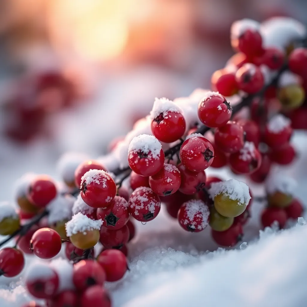 A delightful macro shot of bright red winter berries delicately coated with a layer of fresh snow, illuminated by soft ambient light. This close-up captures the intricate textures of both the berries and the delicate snowflakes resting on them, creating a charming contrast. The shallow depth of field beautifully blurs the background, emphasizing the vivid colors and inviting viewers into this quiet winter moment. It's a celebration of nature's beauty during the cold season.