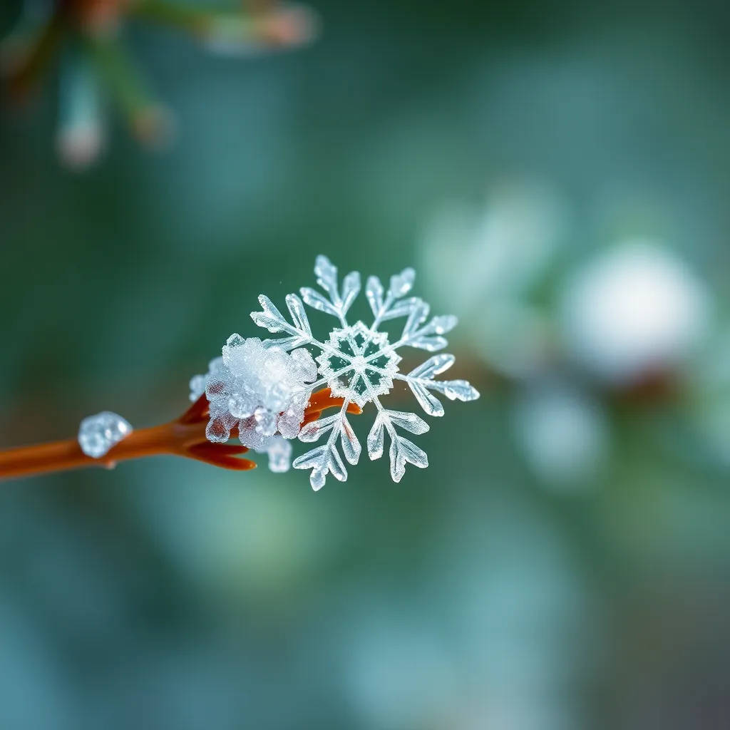 This macro photograph highlights a single snowflake perched on a pine needle, showcasing its exquisite crystalline structure in stunning detail. Captured with soft, diffused daylight, the image features gentle highlights that accentuate the fragility of the snowflake. The shallow depth of field beautifully blurs the background, allowing the viewer to focus on the intricate design. The composition draws the eye directly to the delicate subject, creating a captivating piece.