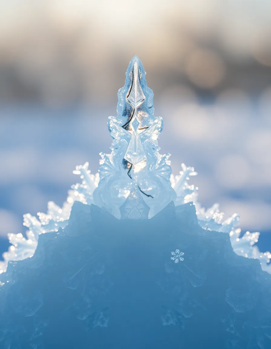 This captivating image showcases an intricate ice sculpture adorned with delicate frost crystals, beautifully illuminated by cool daylight. The soft, diffused light highlights the textures of the ice, revealing the craftsmanship and detail involved. A shallow depth of field enriches the composition, blending the background into soft colors that let the sculpture shine. The icy blue and white palette contrasts with glimmers of sunlight, illustrating the delicate beauty of winter artistry.