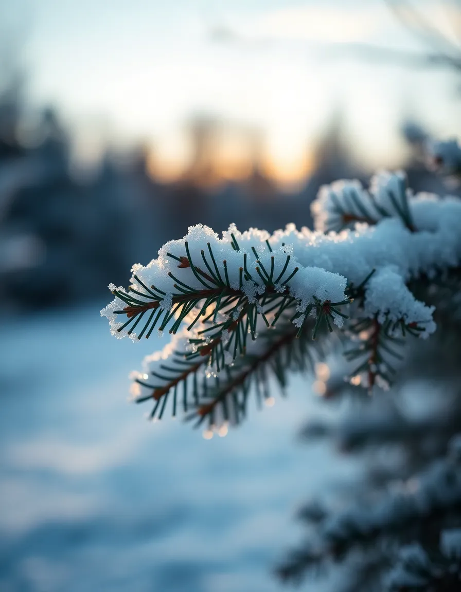 Snow-Covered Evergreen Branch A stunning macro photograph of a snow-covered evergreen branch, beautifully highlighted by soft evening light. The image captures the delicate snowflakes resting on the green needles, creating a magical winter scene. Shallow depth of field enhances the dreamy quality, allowing the viewer to focus on the intricate textures of the branch and snow. The muted color palette evokes a sense of calm and serenity.