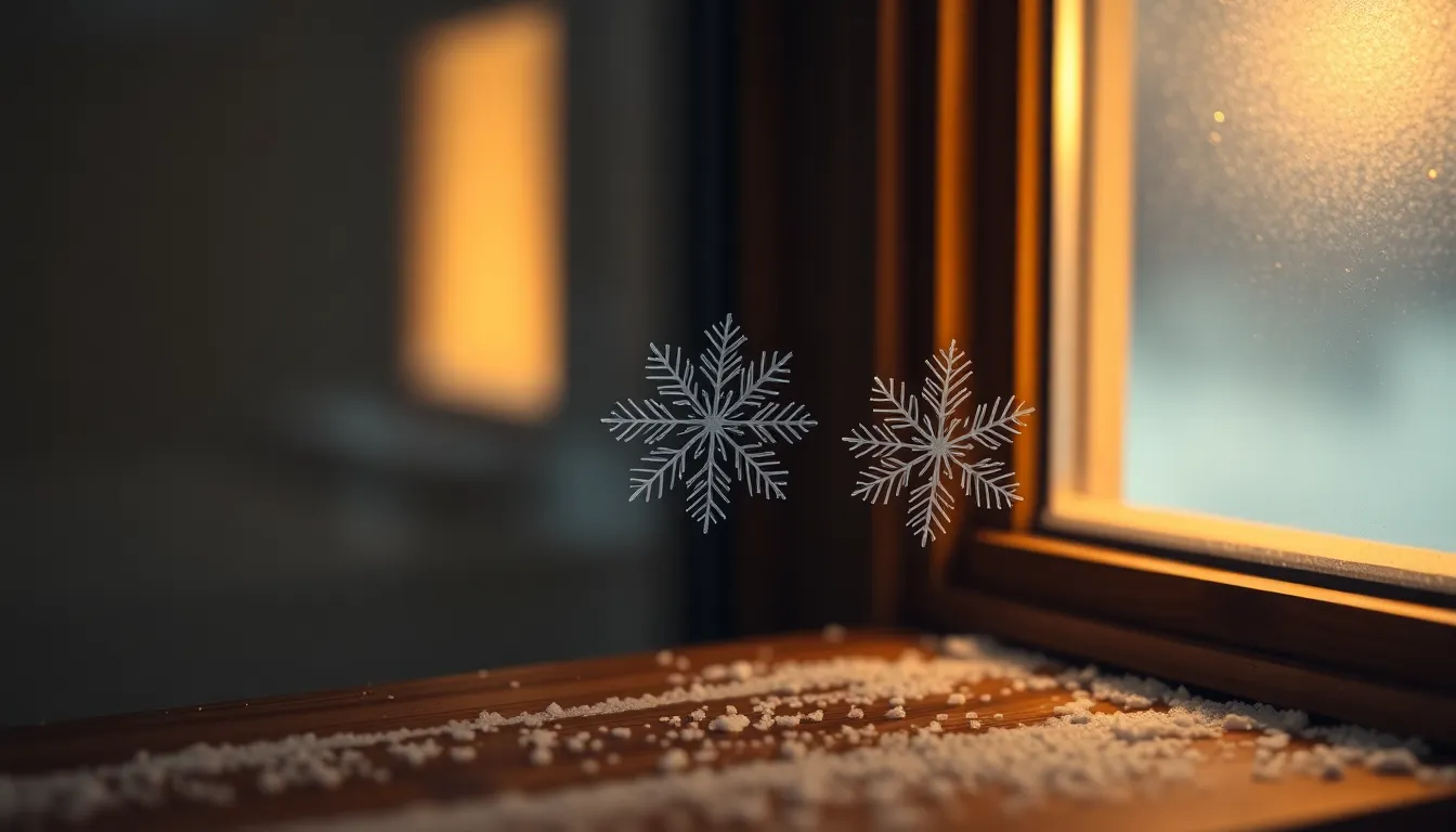 Intricate Snowflakes on Windowsill This macro photograph showcases delicate snowflakes resting on a wooden windowsill, illuminated by a warm tungsten lamp that adds depth to the scene. The intricate patterns of the snowflakes are beautifully highlighted against the dark wood, creating a stunning contrast. The image emphasizes detail, with a soft bokeh effect in the background, enhancing the atmospheric feel of a cozy winter evening.