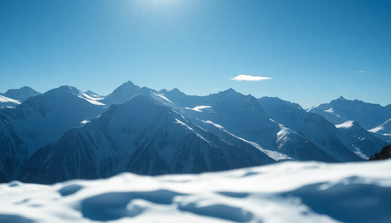 This breathtaking image showcases a vast mountain range enveloped in a pristine blanket of snow. The bright blue sky serves as a stunning backdrop, while deep shadows emphasize the mountain's rugged features. Dynamic contrasts created by dappled sunlight enhance the visual impact, and the snow patterns lead the viewer's eye through the scene. The shallow depth of field highlights the jagged ridges beautifully.