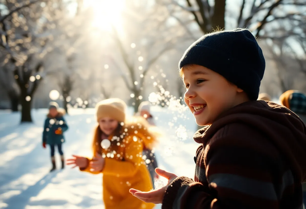 Children Playing in the Snow This lively image captures the joyful essence of children engaged in a playful snowball fight under a canopy of snow-dusted branches. The sunlight filtering through creates a magical atmosphere, with the warm skin tones of the children standing out against the cool, white snow. The composition embodies movement and excitement, drawing the viewer into the spirited moment of winter fun. The soft highlights and vibrant colors enhance the lively mood.