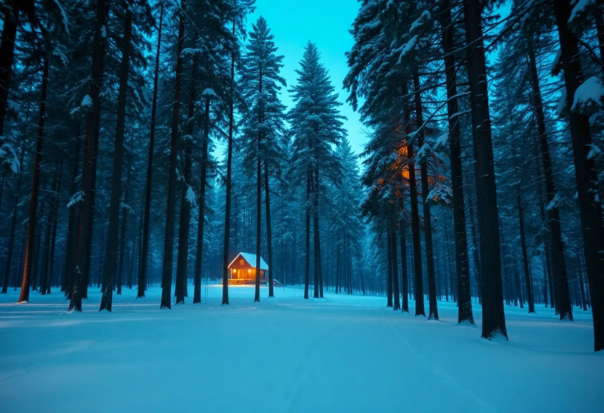 Tranquil Winter Forest at Dusk A tranquil winter forest scene is captured at dusk, where tall pine trees stand majestic against the snowy landscape. The warm glow from a distant cabin illuminates the area, casting a magical light on the fresh snow. Cinematic teal and orange color grading adds depth and mood, while every detail is rendered with clarity from the foreground to the horizon, creating a peaceful winter escape.