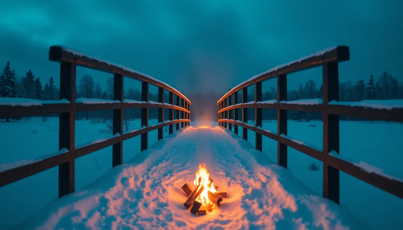 Snow-Covered Bridge with Campfire Glow This dramatic image captures a snow-covered bridge illuminated by the warm glow of a nearby campfire. The flickering firelight casts dynamic shadows on the crisp snow, creating a striking contrast against the cool winter tones. The symmetrical composition draws the viewer's eye to the bridge's detailed wooden beams, enhancing the enchanting atmosphere of a winter night spent outdoors.