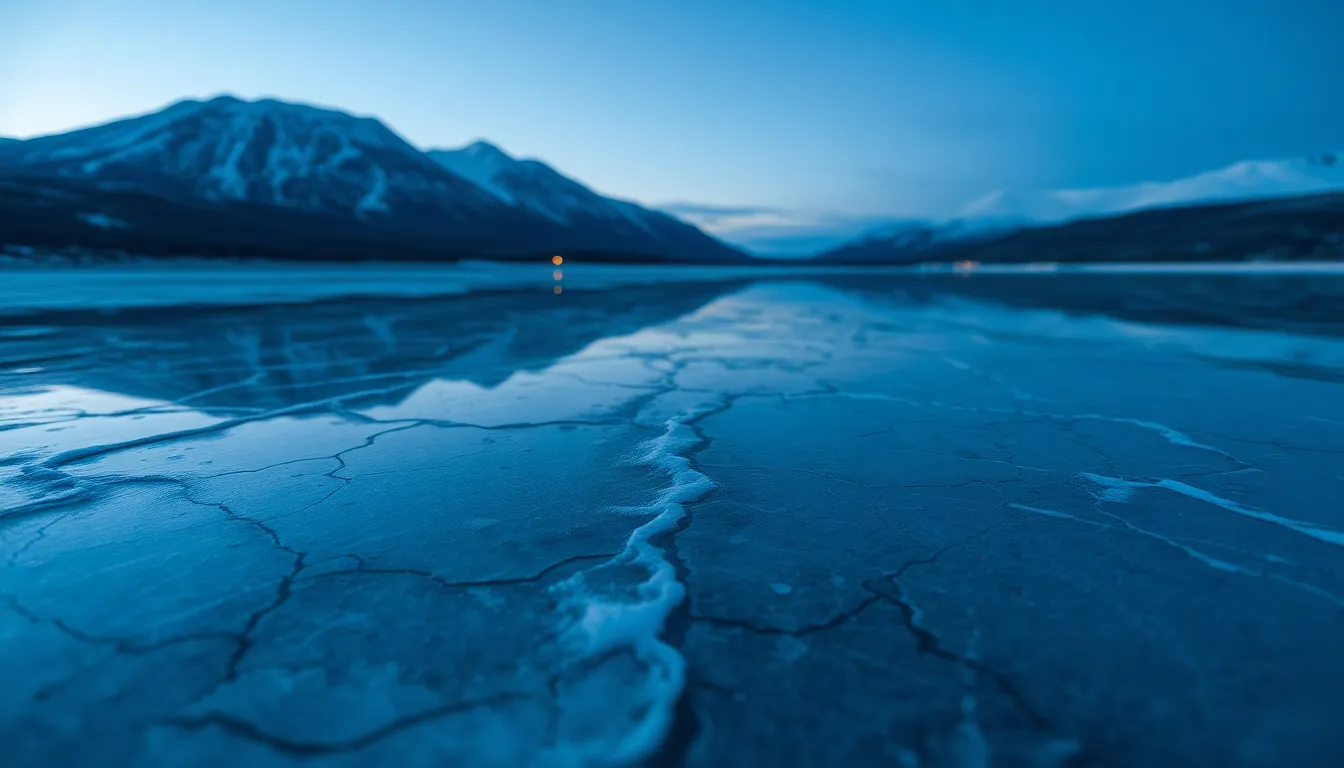 Frozen Lake at Twilight This tranquil twilight scene features a frozen lake reflecting the serene beauty of its snowy surroundings. The cool blue hues of the fading daylight create a peaceful atmosphere, while the symmetrical composition draws the viewer's eye directly to the cracked ice surface. The shallow depth of field emphasizes the intricate textures of the ice and the pristine snow, enhancing the overall sense of calm and winter beauty.