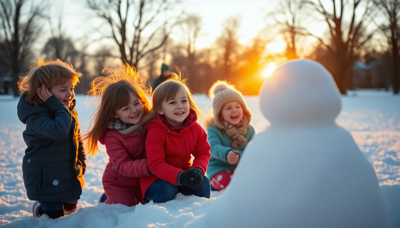 This heartwarming image features children playing joyfully in a snow-covered park as they build a snowman. The golden hour backlighting enhances the warmth of their cheeks and hair while creating an enchanting glow around them. With a shallow depth of field that blurs the background, the focus remains on the delightful scene of their laughter and movement. The composition artfully balances the playful energy of the children with the snowy landscape.