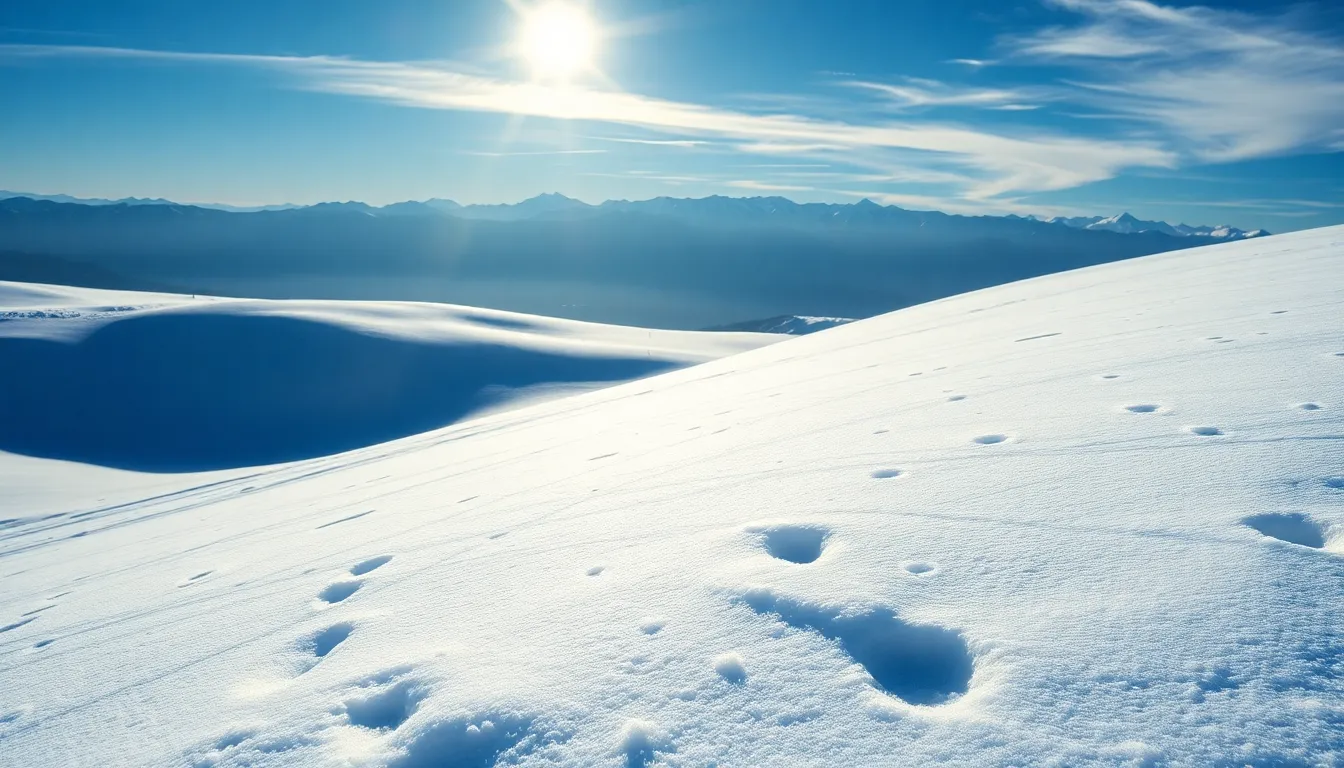 Snow-Covered Hills with Distant Mountains This expansive winter landscape captures snow-covered hills leading toward a majestic mountain range under a clear blue sky. The bright midday sun casts striking shadows across the terrain while creating a stark contrast between the bright whites of the snow and the deep blues of the distant peaks. The composition employs leading lines formed by the hills, guiding the viewer's eye through the serene scene. The texture of the snow glistens, adding depth to this stunning natural display.