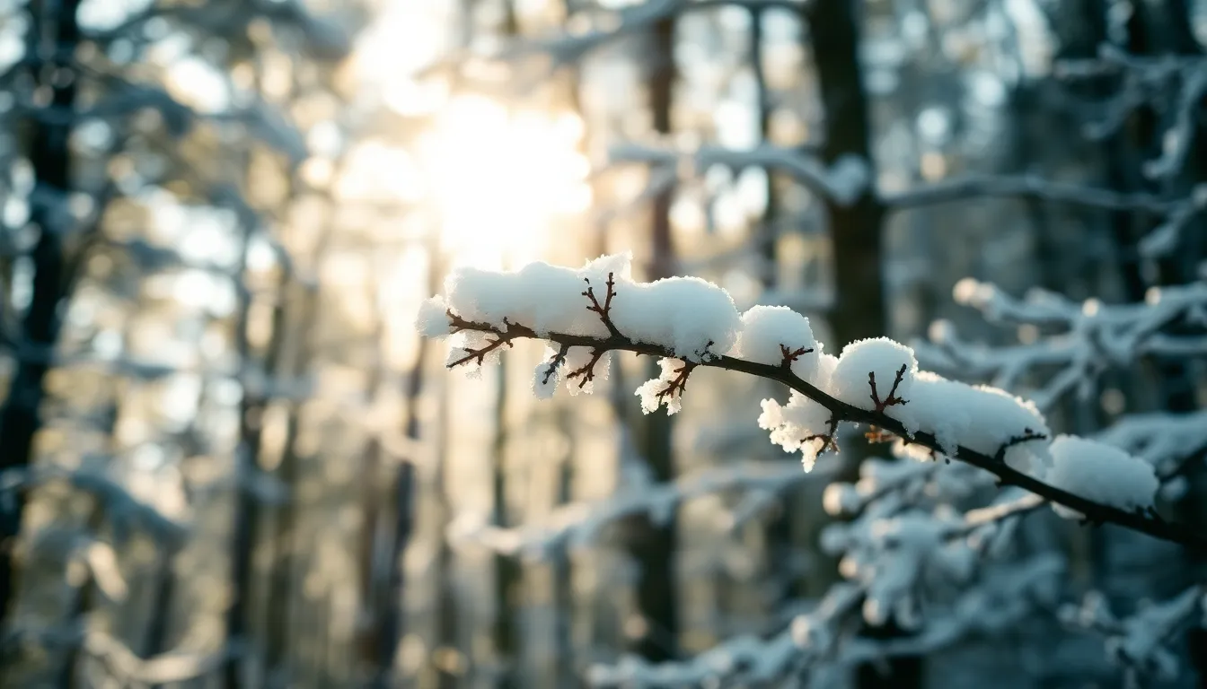 This captivating image showcases a snow-dusted branch in a serene forest setting during the morning light. Dappled sunlight filters through the canopy, creating an ethereal atmosphere. The rich colors and textures highlight the beauty of winter. The selective focus draws attention to the delicate details of the snow, inviting viewers to immerse themselves in this tranquil winter landscape.