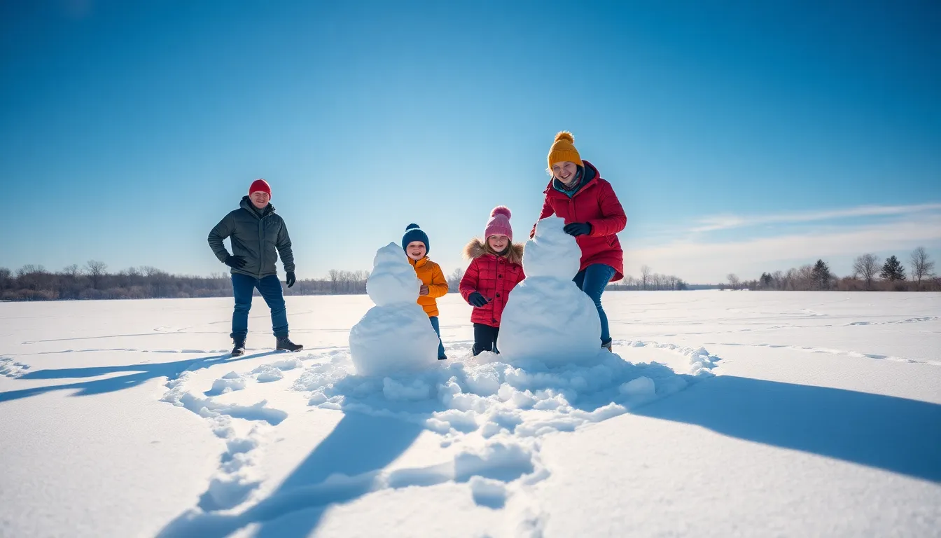 Family Building a Snowman on a Sunny Day A joyful family enjoys a sunny winter day as they build a snowman in a vast, snowy field. Bright blue skies provide a stunning backdrop, highlighting the crisp white of the snow. With clarity from foreground to background, the scene captures the excitement and warmth of family time amid winter's beauty. Leading lines in the snow draw the viewer toward this heartwarming moment.