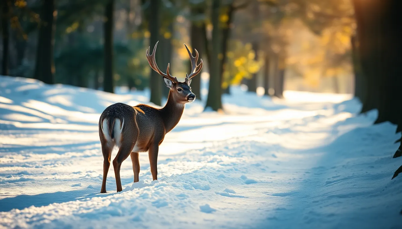 Deer in a Snowy Forest This stunning photograph captures a deer standing gracefully in a snow-covered landscape, framed by dappled sunlight filtering through overhanging branches. The striking contrast of the deer's warm browns against the bright whites of the snow creates an inviting visual. The image's leading lines effortlessly guide the viewer's gaze towards the subject, while the soft bokeh in the background highlights the serene atmosphere of a winter forest.