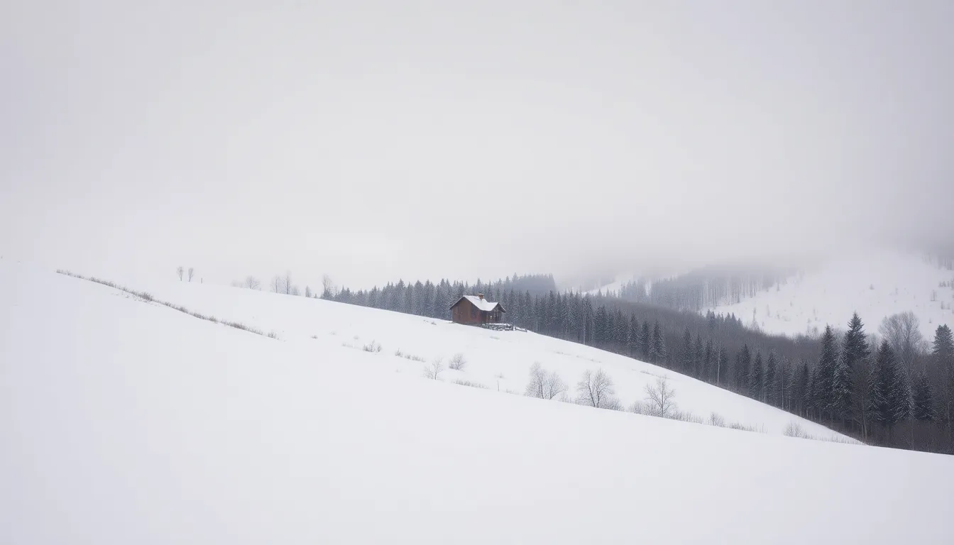 Snow-Covered Cabin in the Mountains This image features a charming cabin surrounded by a pristine snow-covered landscape under an overcast sky. The soft, even light enhances the tranquil mood, while the leading lines of the snow-covered hills guide the viewer's eye toward the rustic cabin. Distant snow-capped mountains add a sense of depth, and the muted color palette captures the serene beauty of winter's embrace.