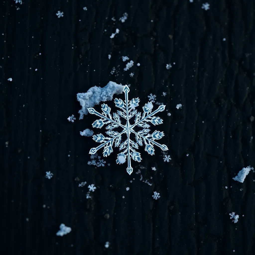An exquisite close-up of a single snowflake, delicately perched on a dark asphalt surface, showcasing nature's intricate design. Captured in soft overcast light, every detail of the snowflake's unique structure is rendered crisply, creating a stunning contrast with the deep black ground. The composition emphasizes the beauty of ephemeral winter elements in an urban environment, inviting viewers to appreciate the artistry of nature.