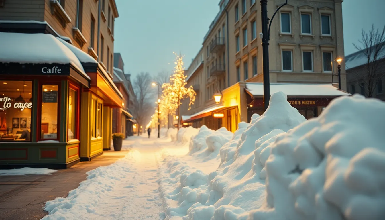 Urban Café After Snowfall This charming image captures an urban café scene transformed by a heavy snowfall. The colorful storefronts and warm lights from street lamps create a cozy atmosphere amidst the cool white snow. Leading lines from the sidewalk drifts invite the viewer toward the inviting café, with intricate details of snow texture enhancing the realism. The warm yellows contrast beautifully against the soft whites, making this image perfect for illustrating winter urban life.