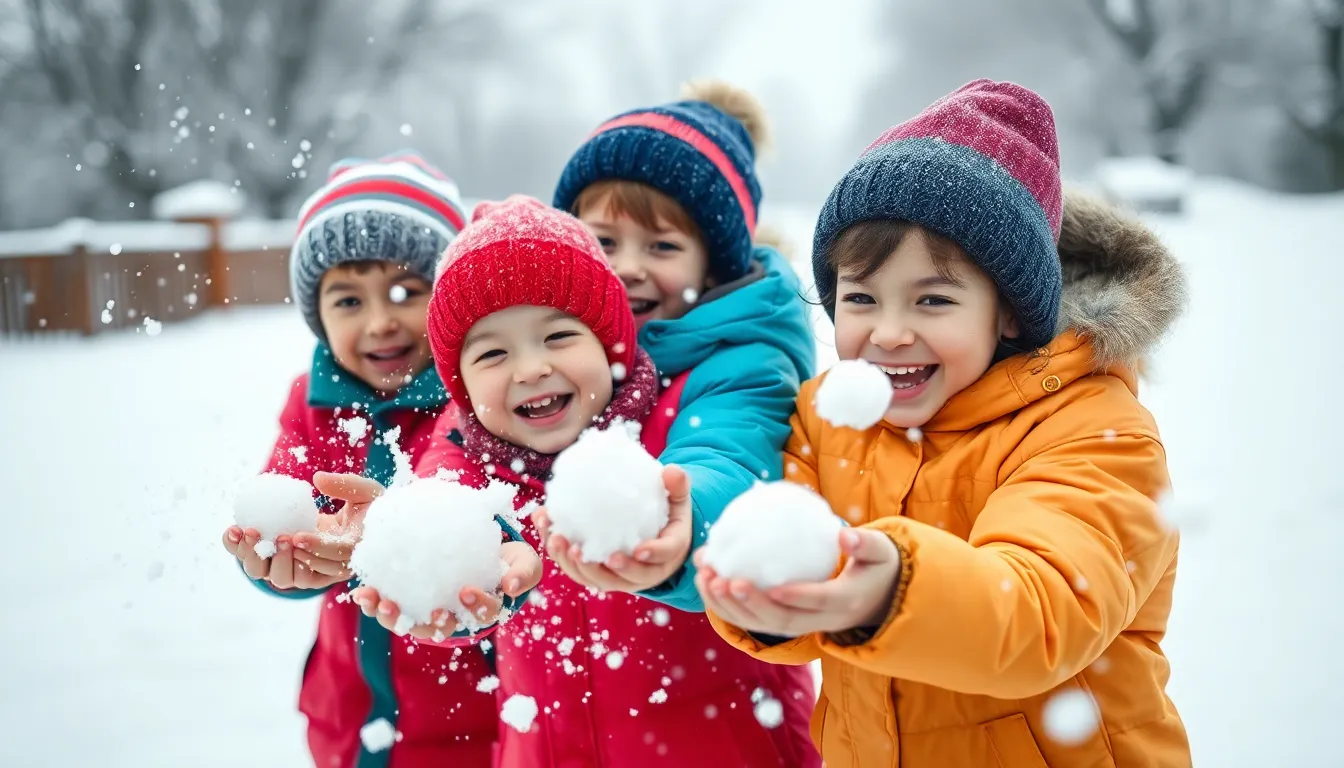 Children Playing in Snowball Fight This dynamic image captures the joy of children engaged in a playful snowball fight, set against a soft, overcast winter backdrop. The bright winter coats of the kids pop against the pristine white snow, enhancing the cheerful atmosphere. The shallow depth of field beautifully isolates the action, while the leading lines of snow trails guide the viewer's eye. Each child's expression of delight adds to the heartwarming scene, making it a perfect representation of winter fun.