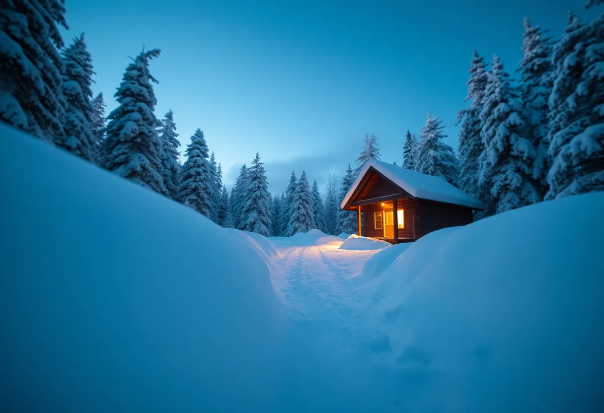 This stunning winter scene captures a cozy cabin nestled in a snowy forest during twilight. The warm light spilling from the windows contrasts beautifully with the cool blue tones of the surrounding snow and sky, creating a serene and inviting atmosphere. The leading lines of the snowbanks draw the viewer’s eye toward the cabin, emphasizing its warmth amid the cold landscape. The sharp focus throughout the image highlights the intricate textures of the snow and the surrounding pine trees, making this a truly enchanting winter moment.