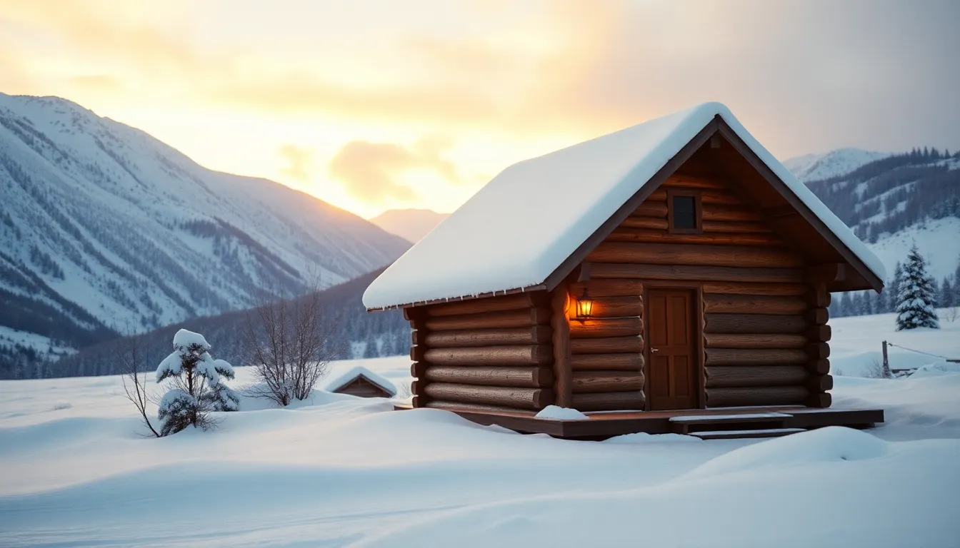 Cozy Cabin in Snowy Mountain Landscape