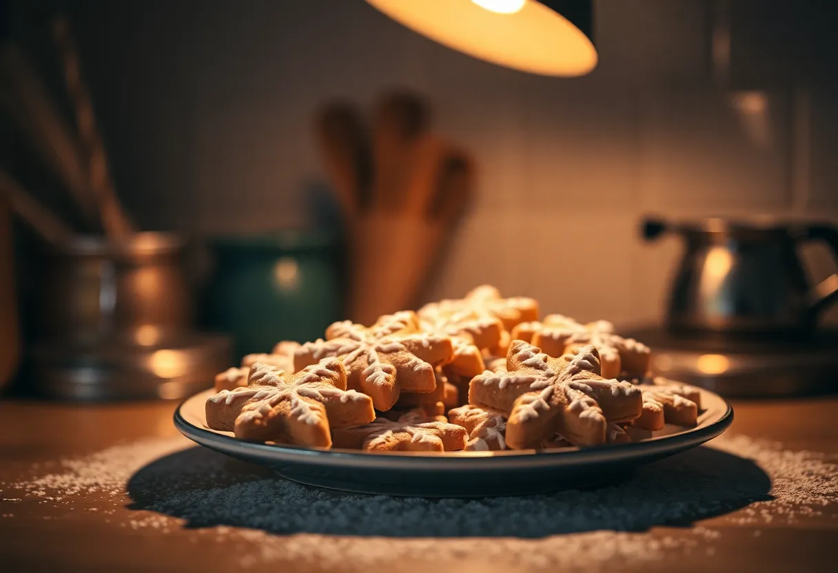 Cozy Winter Cookies with Powdered Sugar A delightful kitchen scene featuring freshly baked snowflake-shaped cookies dusted with powdered sugar. The warm tungsten light casts a cozy glow over the cookies, enhancing their inviting appearance. Soft bokeh in the background adds a touch of warmth, emphasizing the cookies' textures and details. Arranged thoughtfully, this image captures the joy and comfort of winter baking.