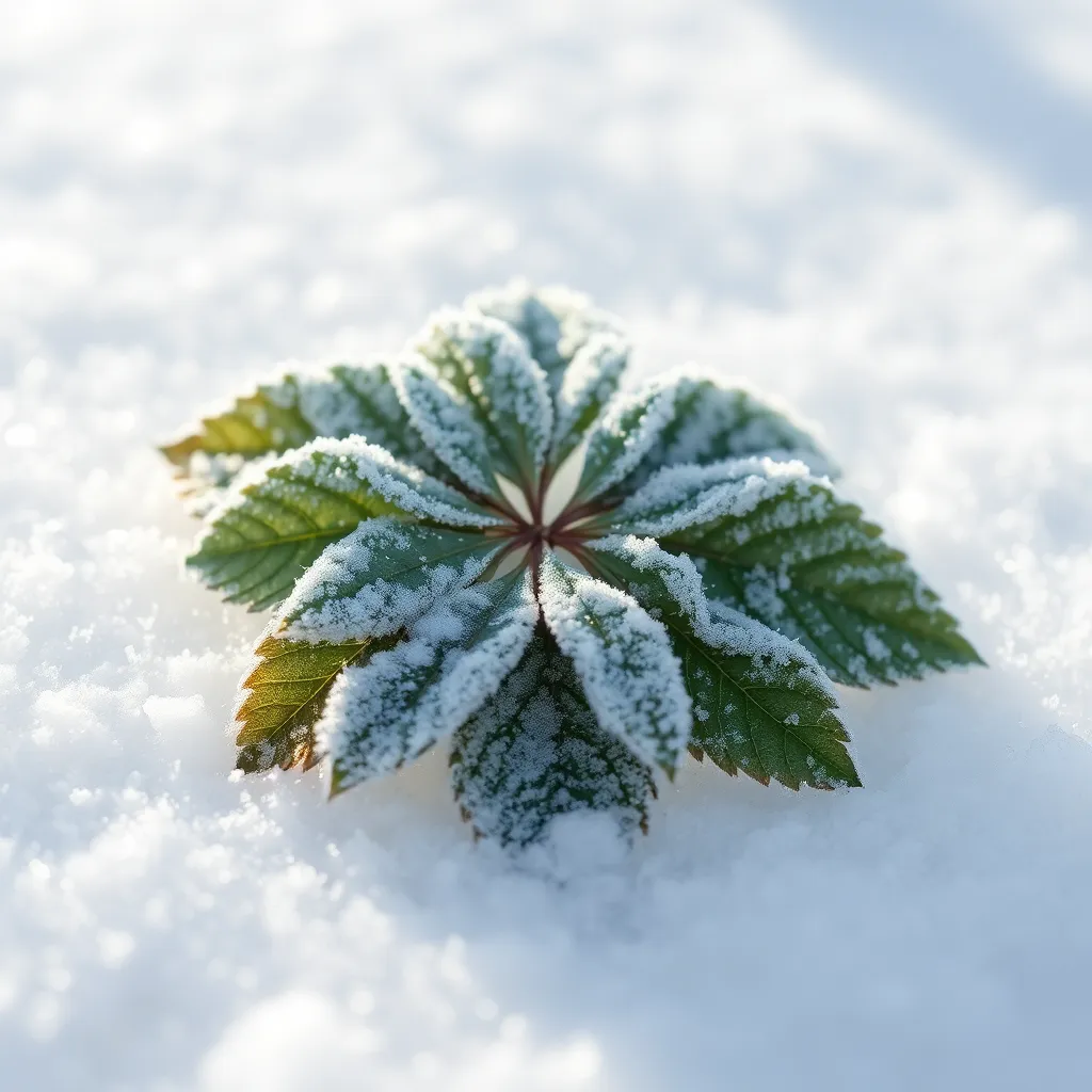 Delicate Frost-Covered Leaves on Snow Blanket This captivating macro shot reveals delicate frost-covered leaves nestled on a pristine snow blanket, illuminated by soft winter sunlight. The intricate frost patterns glisten, showcasing nature's quiet beauty in winter. A shallow depth of field enhances focus on the leaves, while the background transitions into a dreamy bokeh. With a soft color palette of whites, greys, and greens, this image is perfect for nature enthusiasts and seasonal projects.