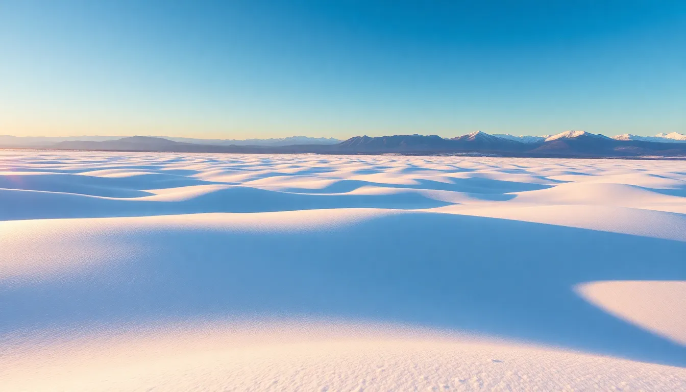 Serene Snowy Landscape at Golden Hour This breathtaking landscape captures a vast, snowy expanse bathed in the warm light of the golden hour. The clear blue sky contrasts beautifully with the brilliant whites of the snow, while long shadows add depth and dimension to the drifts. The hyperfocal focus ensures sharp detail across the scene, highlighting the texture of the snow and distant mountains. The leading lines created by the snow drifts guide the viewer's eye through this idyllic winter wonderland, evoking tranquility and peace.