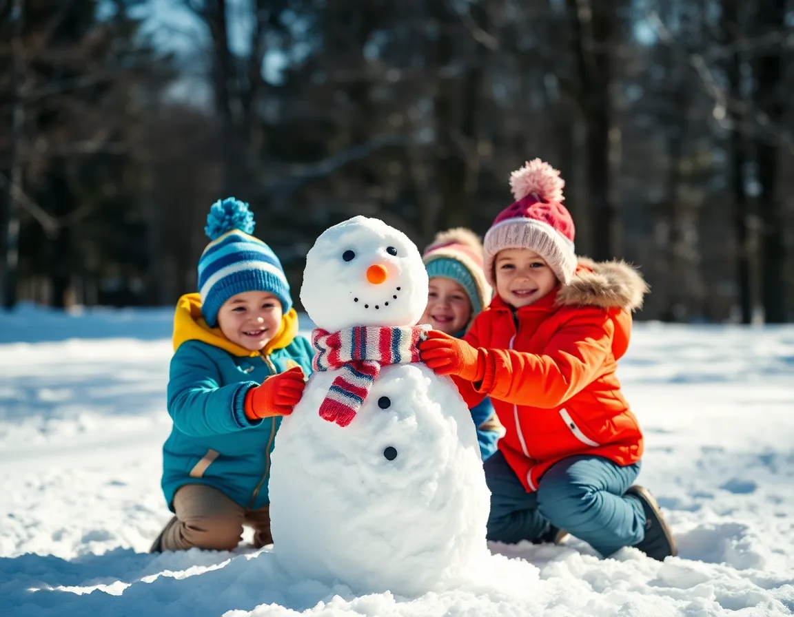 A joyful scene unfolds as children playfully build a snowman on a sunny winter day. Bright natural light highlights their vibrant winter clothing against the pristine white snow, enhancing the cheerful atmosphere. With a shallow depth of field focusing on their delighted expressions and the snowman, the image exudes warmth and happiness. This photograph captures a perfect moment of childhood joy in winter's embrace.