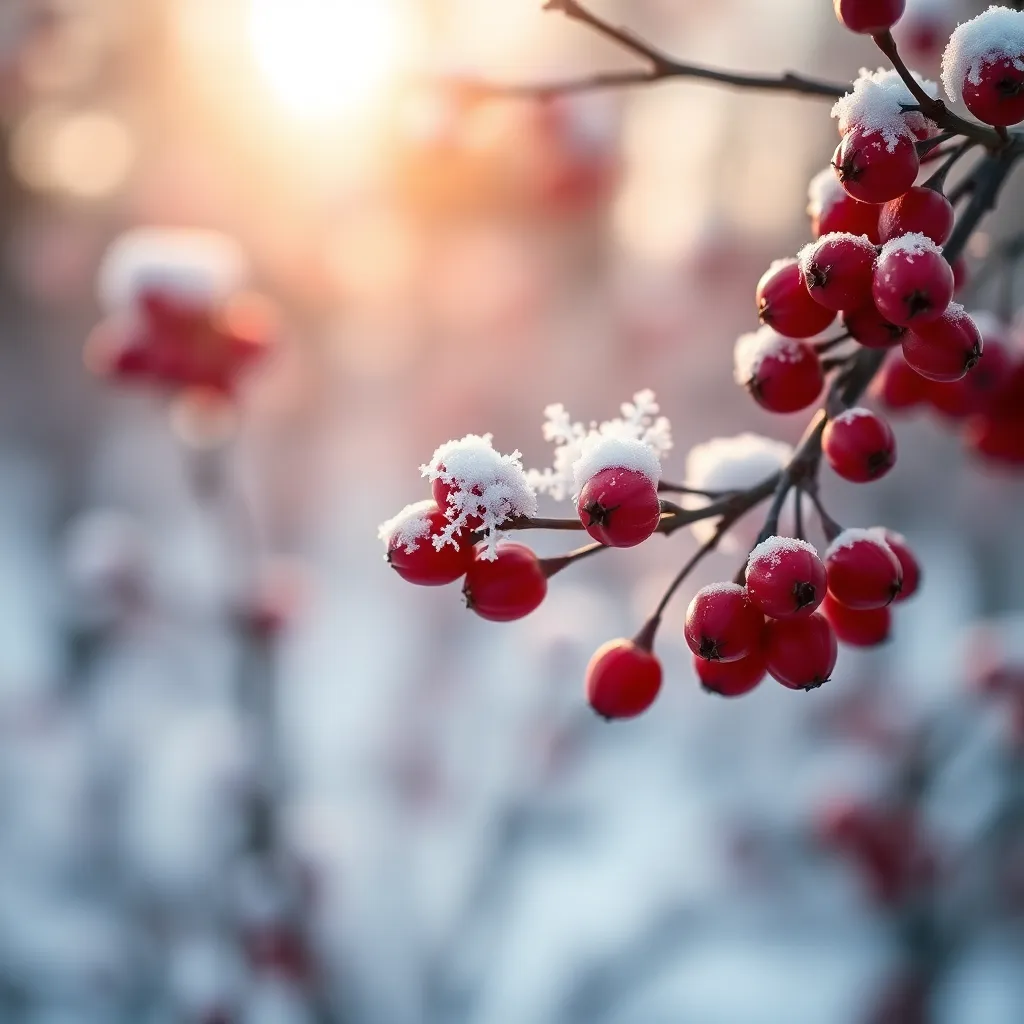 Delicate Snowflakes on Red Berries This close-up image beautifully showcases delicate snowflakes resting on vibrant red berries. Soft morning light enhances the contrasting colors, bringing warmth to the cold winter scene. The shallow depth of field creates a dreamy atmosphere, focusing on the intricate textures of the snowflakes and berries while softening the background. This image captures the enchanting details of winter, perfect for seasonal themes and holiday designs.