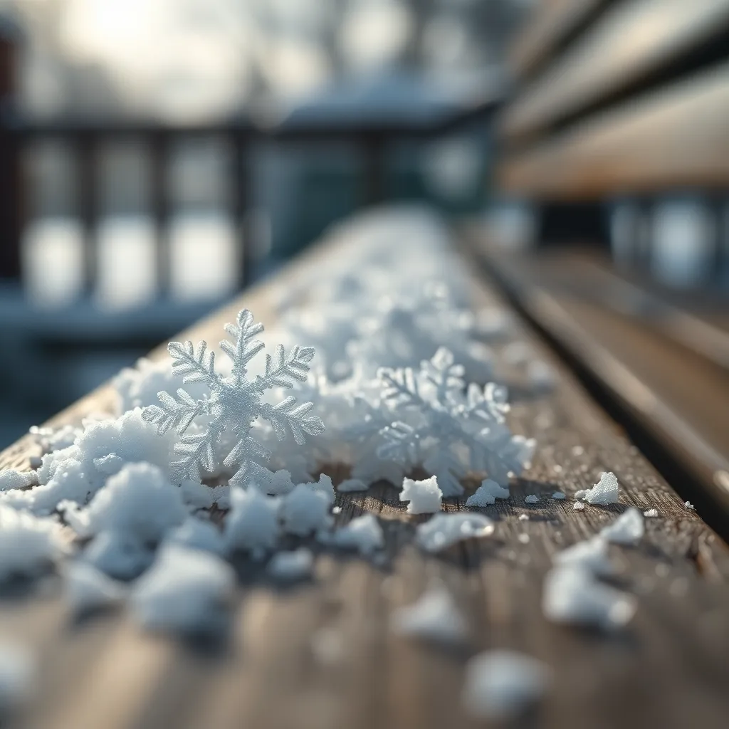 This captivating close-up captures the detailed beauty of snowflakes resting delicately on a weathered wooden bench. Illuminated by soft, diffused daylight, each unique crystal formation is rendered with stunning clarity. The shallow depth of field enhances the focus on the snowflakes while creating a beautiful bokeh in the background. The predominantly white color palette is accented by hints of blue and gray, showcasing the serene elegance of winter.