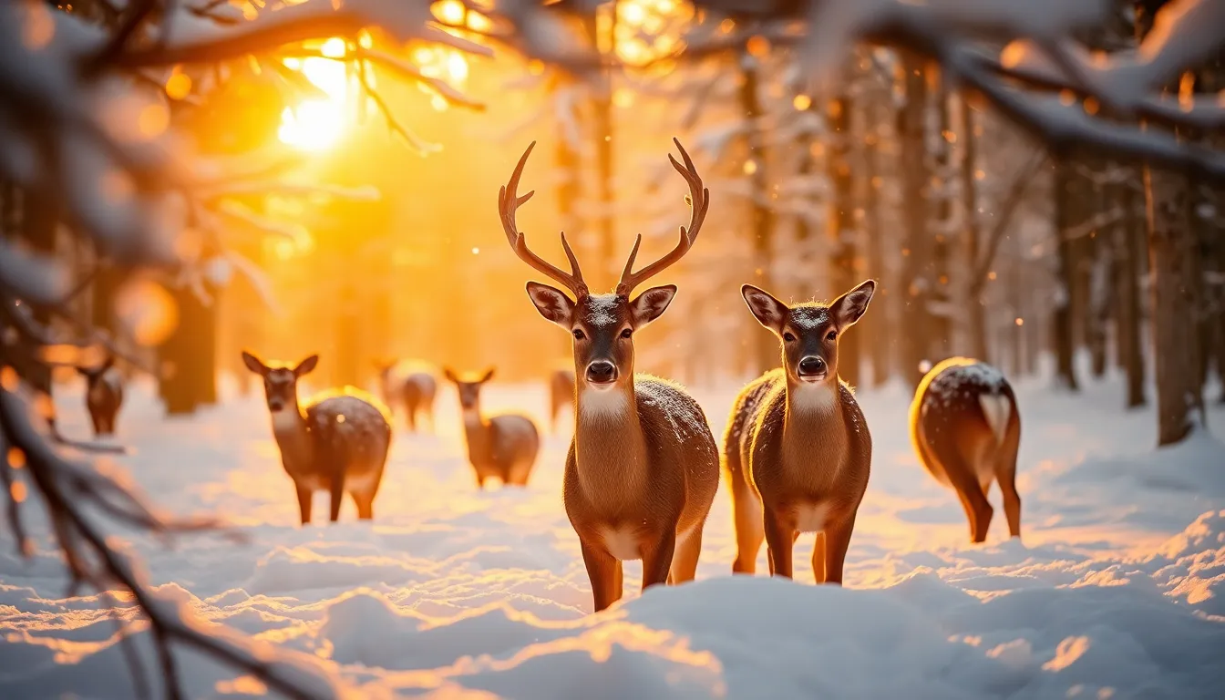This enchanting winter photograph showcases a family of deer gracefully navigating through a snow-covered forest during golden hour. Backlit by warm sunlight, the scene is infused with a magical glow as delicate snowflakes fall softly around them. The shallow depth of field adds depth and intimacy, highlighting the intricate details of the deer against the sparkling snow backdrop. It's a beautiful moment captured in nature's serene winter wonderland.