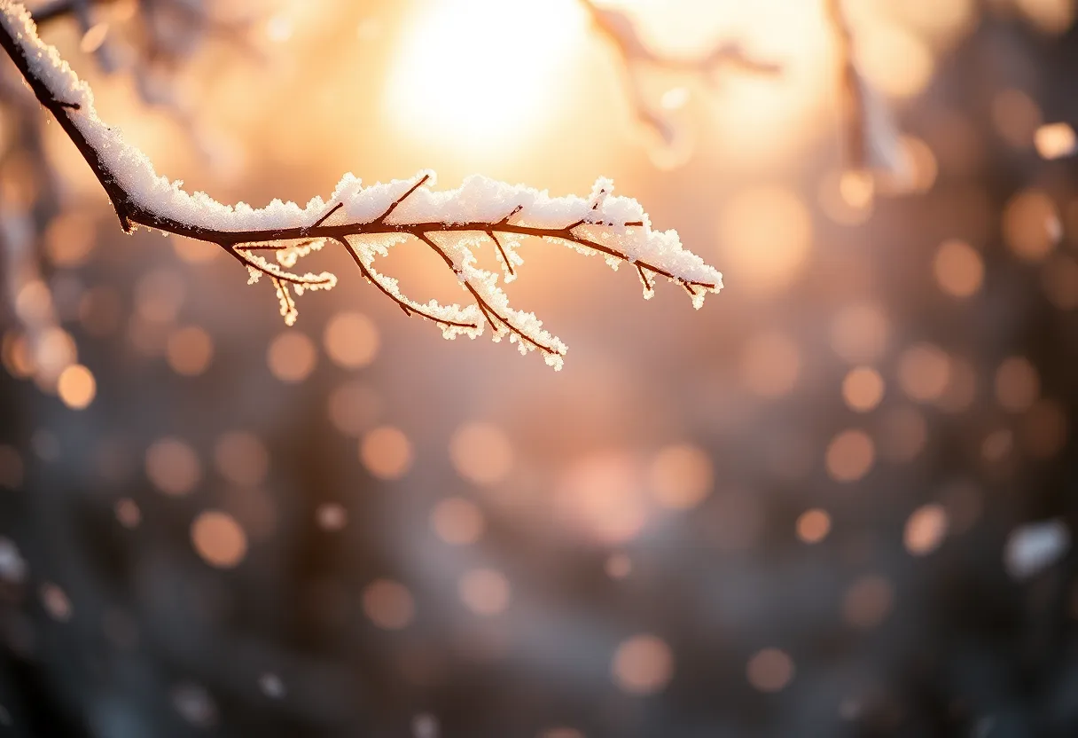 Snowflakes Glimmering at Sunset A captivating close-up shot of snowflakes falling gently in a tranquil winter scene, illuminated by warm golden hour light. The intricate details of the snowflakes are sharply focused, revealing their unique crystalline structures against a blurred forest background. The contrast between the warm light and cool tones creates an enchanting winter atmosphere, perfect for evoking feelings of wonder and peace.