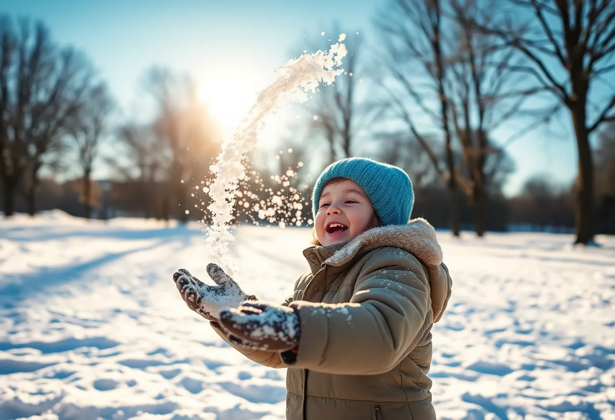 Child Playing in Snowy Park This energetic winter scene depicts a joyful child playing in a snow-covered park, enthusiastically throwing snow into the air. Captured on a bright, sunny day, the backlighting creates dramatic shadows, adding depth to the textured blanket of snow surrounding them. The vibrant color palette features contrasting whites, bright winter clothing, and a brilliant blue sky, encapsulating the excitement and joy of a perfect day in the snow. The shallow depth of field focuses on the child, creating a lively composition rich with detail and emotion.