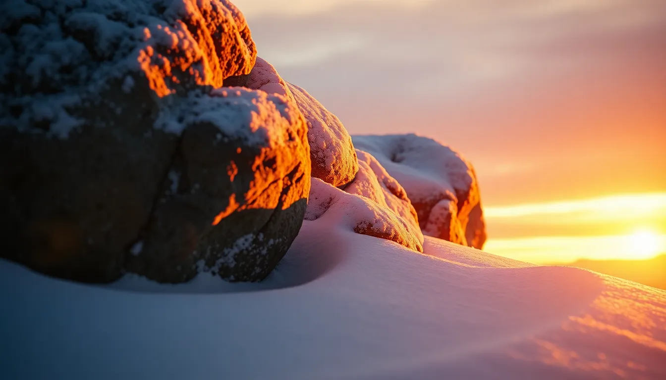 This striking photograph captures the warm glow of golden hour reflecting off snow-covered boulders. The backlighting creates a stunning rim light effect, giving depth to the scene. The contrasting textures of the rugged boulders and fluffy snow create visual interest, while the leading lines draw the viewer’s eye into the composition. Perfect for winter landscapes, this image evokes the beauty of nature during the golden hour.