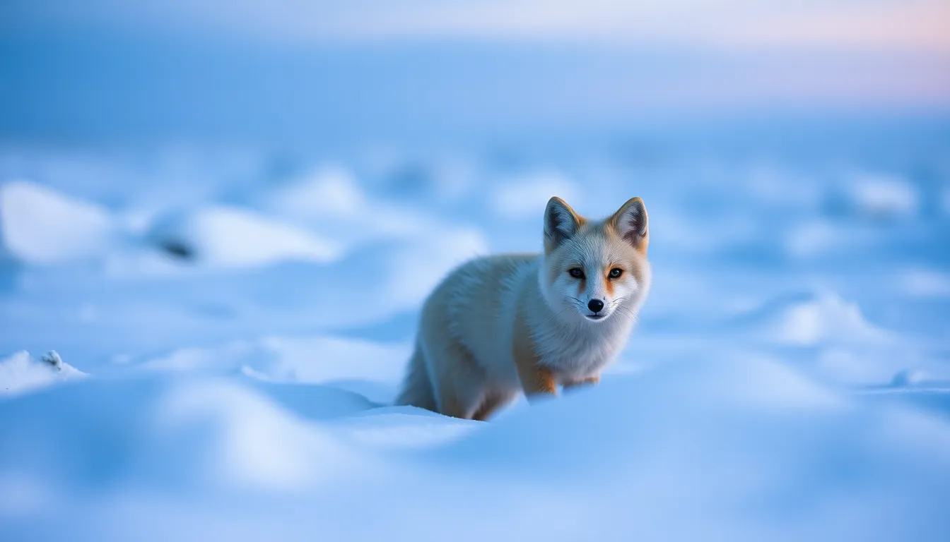 Arctic Fox in Snowy Twilight Landscape