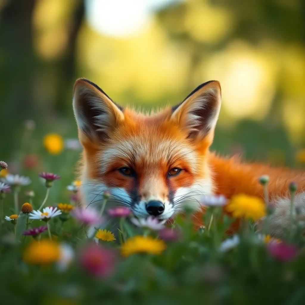This charming close-up captures a vibrant red fox resting amidst a field of wildflowers. Soft, diffused daylight filters through the trees, highlighting the fox’s lush fur and warm hues. The shallow depth of field draws attention to the fox’s inquisitive eyes, while the colorful blossoms create a picturesque setting. The photograph evokes a sense of serenity and the beauty of wildlife interacting with its environment.