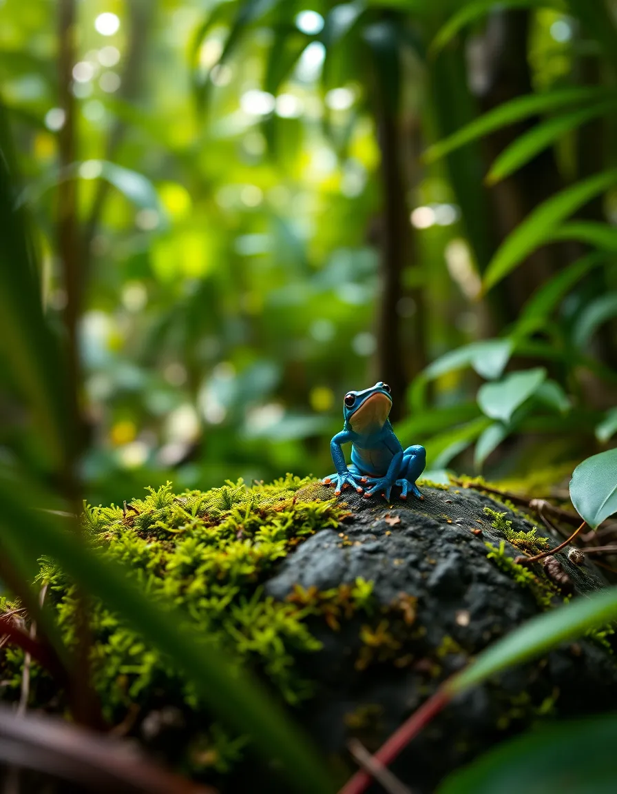 This captivating image showcases a vibrant poison dart frog resting on a moss-covered stone in a lush rainforest. The diffused daylight creates a serene atmosphere, highlighting the frog's striking colors against the soft backdrop. The shallow depth of field ensures that the frog is in sharp focus while the surrounding foliage melts into a beautiful blur. This composition not only celebrates the beauty of wildlife but also emphasizes the intricate details of the rainforest ecosystem.