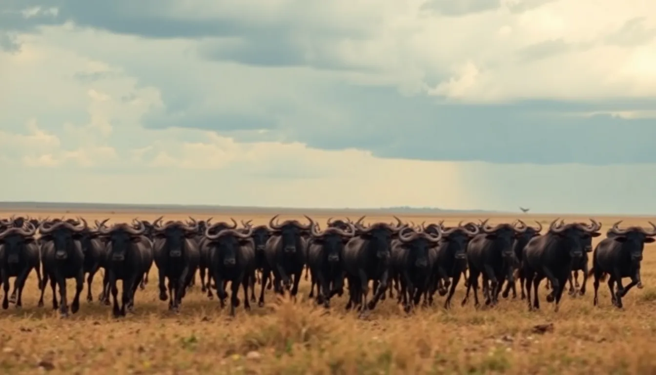This dynamic image depicts a herd of wildebeests charging across the savannah during the rainy season. Dramatic overcast lighting sets the scene, with dark clouds looming in the sky, foreshadowing an impending downpour. The hyperfocal depth of field captures the chaos and energy of the animals in motion against a vast, earthy backdrop. The muted tones enhance the raw beauty of the African landscape, immersing the viewer in this powerful moment in nature.