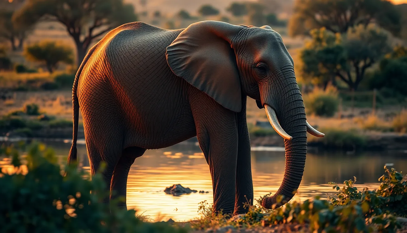 Elephant by Watering Hole During Sunset