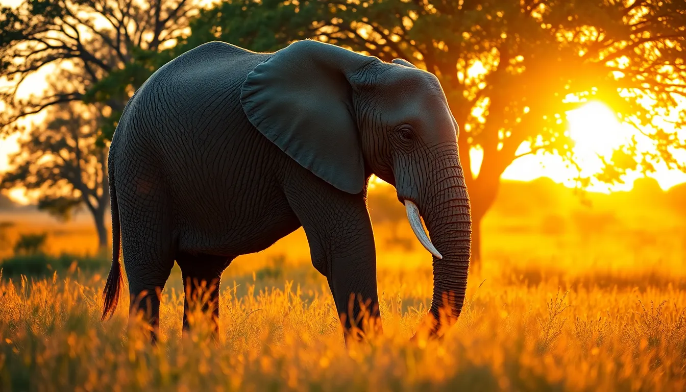 This stunning image captures a majestic African elephant in a sunlit clearing during sunset. The warm golden light creates a beautiful halo around the elephant while highlighting its textured skin. The vibrant savannah grass adds depth to the scene, with rich colors that evoke a sense of tranquility and majesty in nature. The careful composition draws attention to the elephant, making it a striking focal point against the soft silhouette of acacia trees.