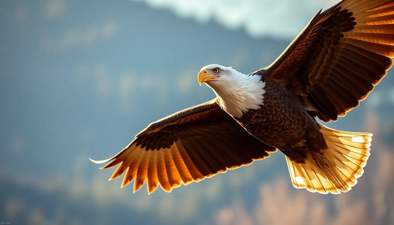 This striking image showcases a bald eagle soaring majestically during the golden hour. Soft sunlight illuminates its feathers, creating a warm glow against a softly blurred forested mountain backdrop. The shallow depth of field emphasizes the eagle's fierce expression, capturing a moment of grace and power. The natural muted tones of the environment enhance the eagle's striking features, making for a captivating wildlife photograph.